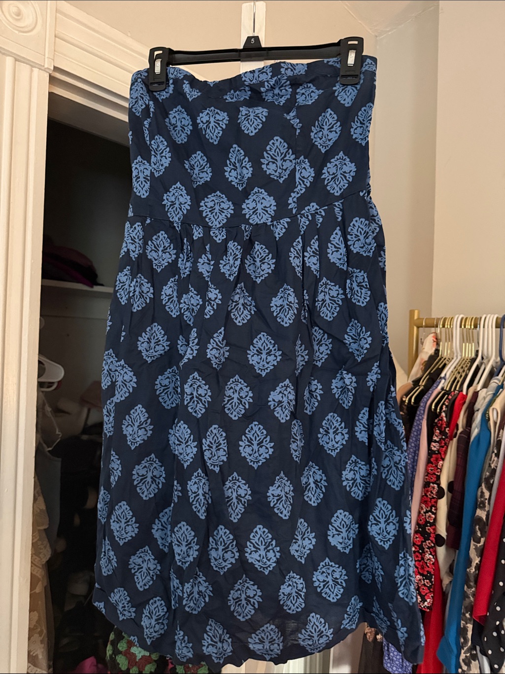 Navy Strapless Midi Dress With Sky Blue Damask Print